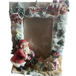 Vintage Christmas 3D Porcelain Santa and Snowman Holiday Picture Frame 3.5”x 5”